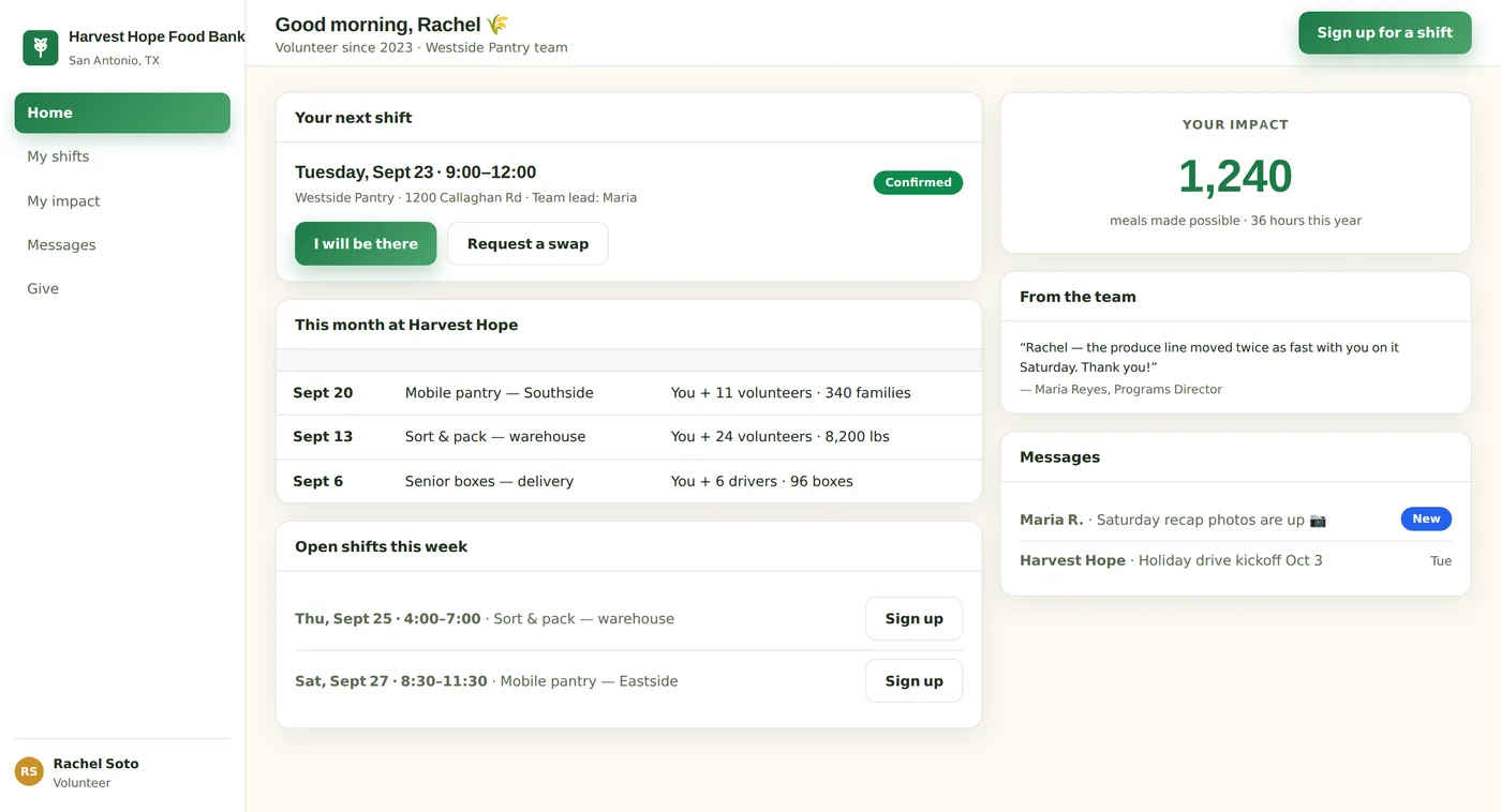 A volunteer's own portal: her next shift, her impact, and the messages that matter — no phone tag