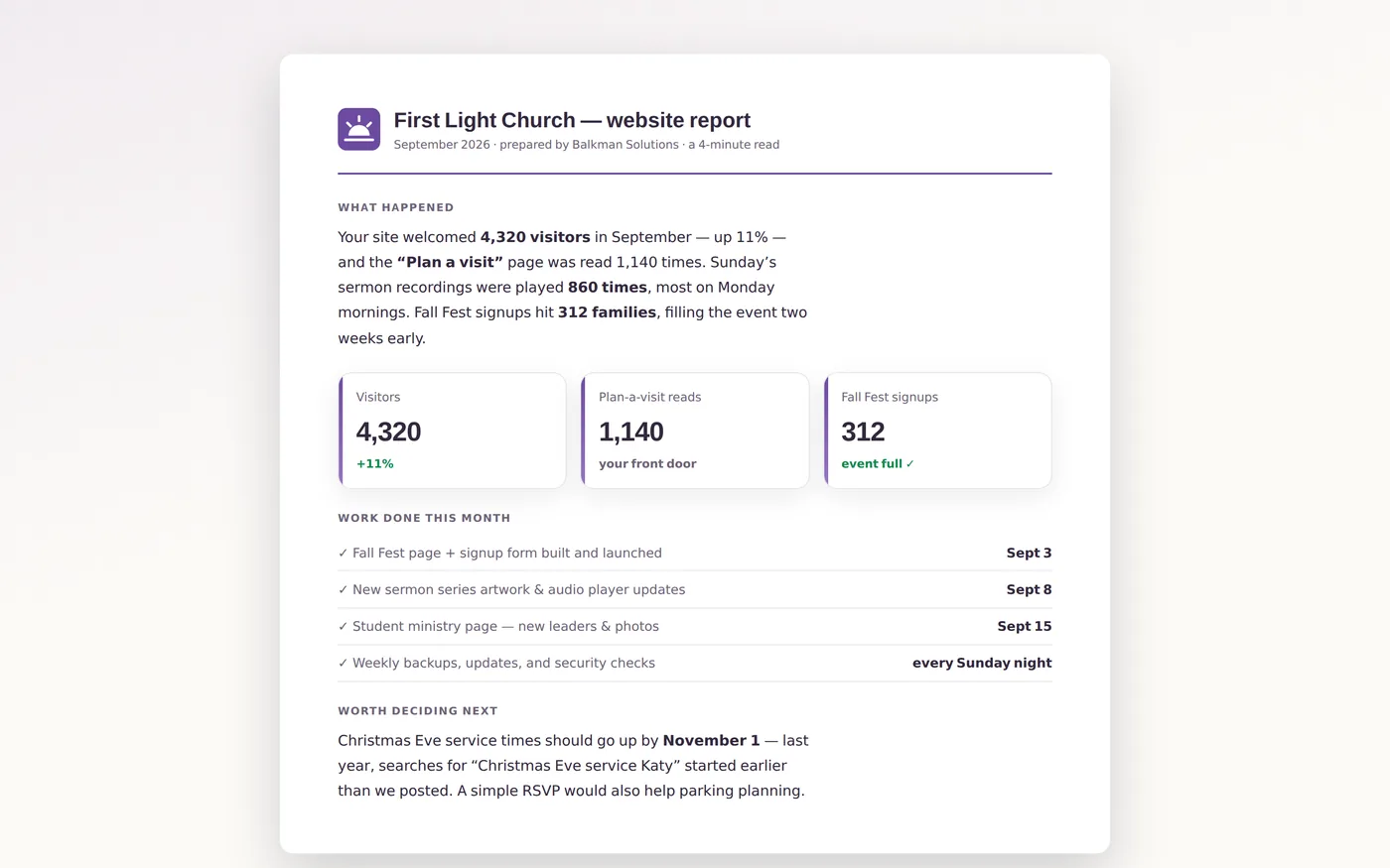 The monthly letter a non-technical team actually reads — what happened, what was done, what’s next