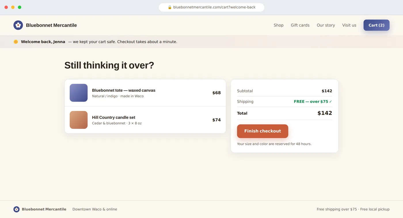 The page a saved-cart email opens to: everything still there, one button to finish — a third of these come back