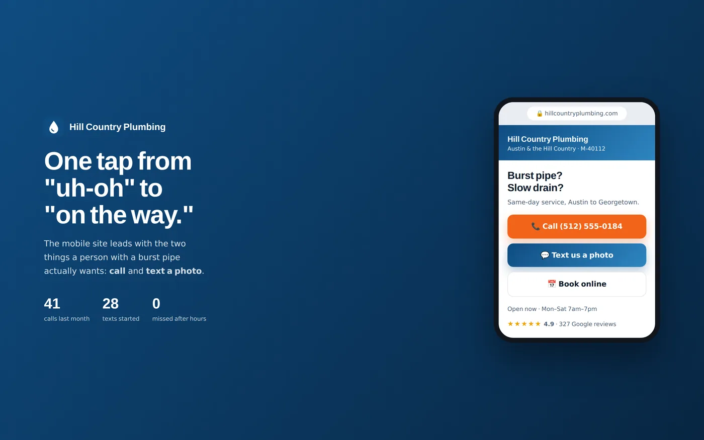 On a phone, the site becomes two thumb-size buttons — call or text — with proof it works: 41 calls last month