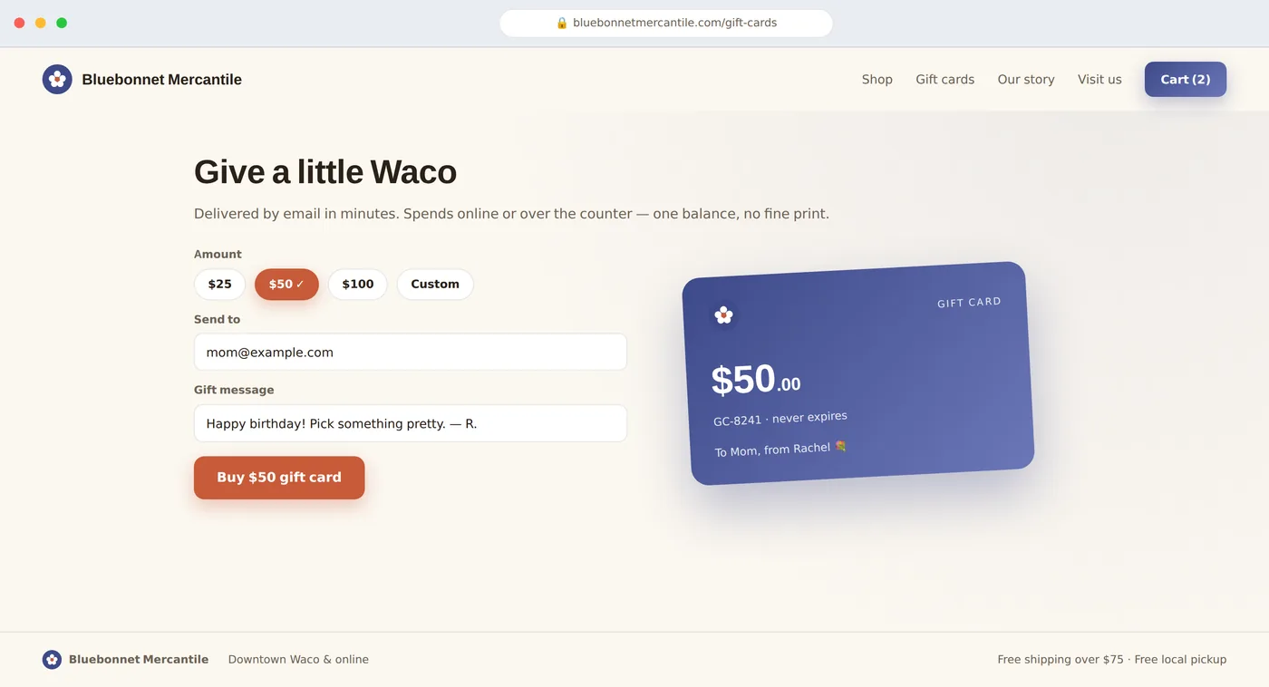 Gift cards sold like a product page — pick, personalize, send by email — good online and at the register