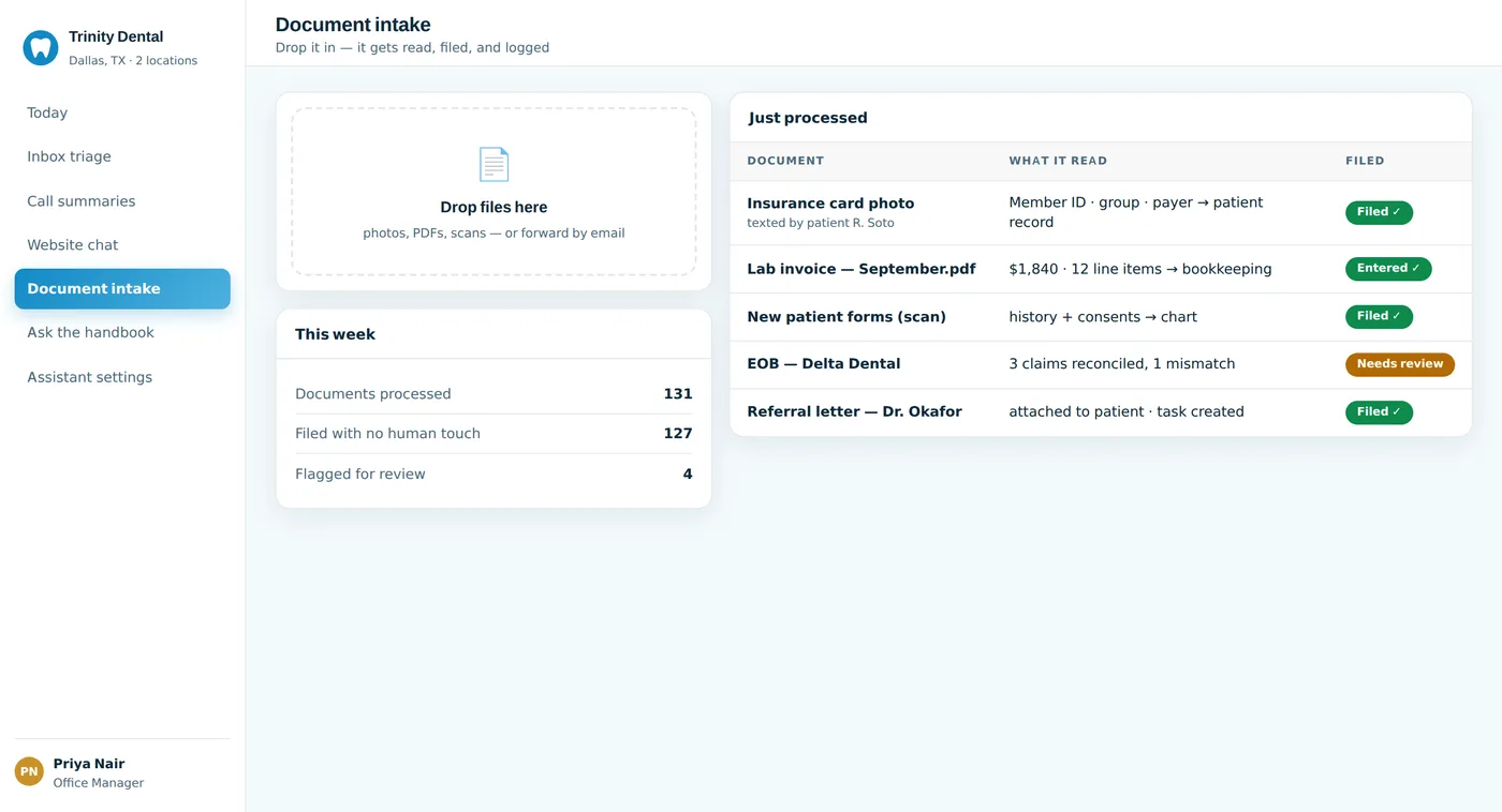 Paper in, filed data out — insurance cards, lab invoices, and intake forms read and put where they belong