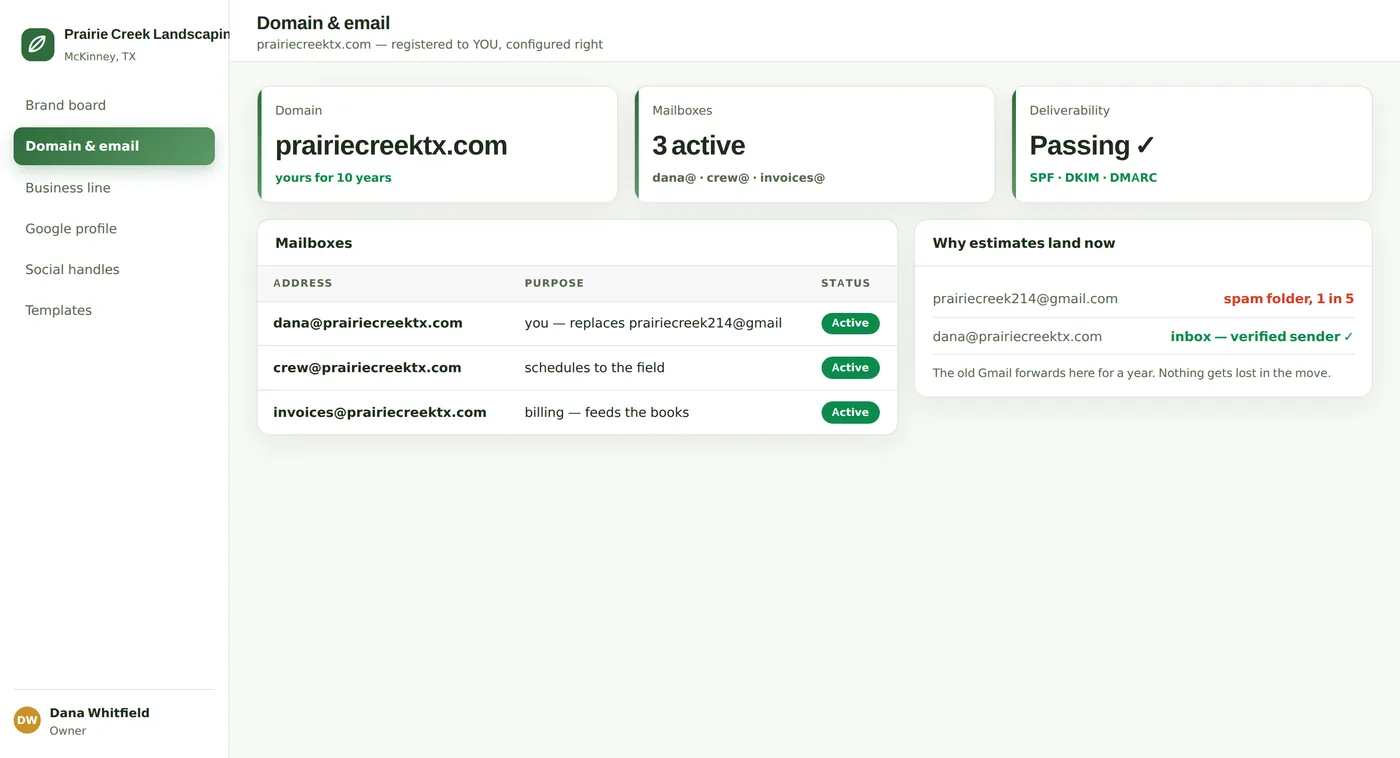 prairiecreektx.com and real business email — estimates stop landing in spam, and the Gmail address retires