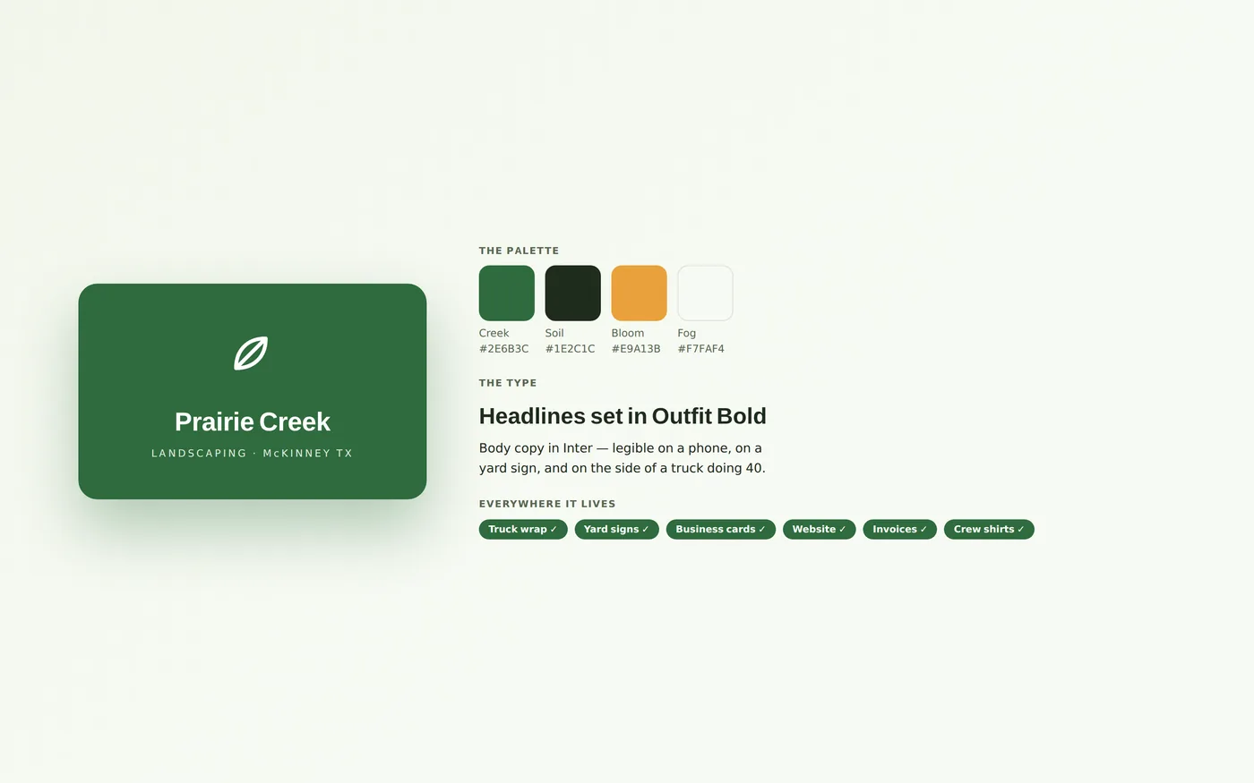 One mark, one palette, one voice — presented like the brand book it is