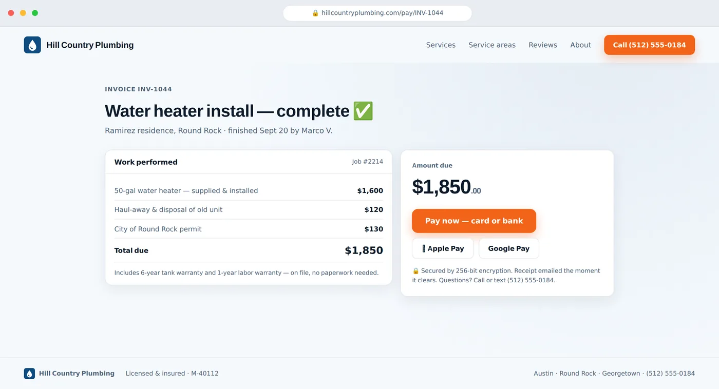 The page a customer lands on when the invoice text arrives — pay by card, Apple Pay, or bank in under a minute