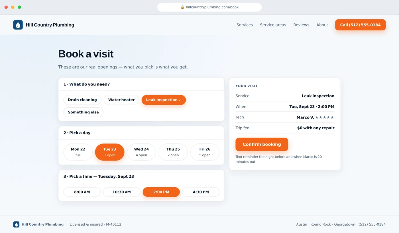 The booking page: real openings only, three taps to a confirmed visit with a text reminder