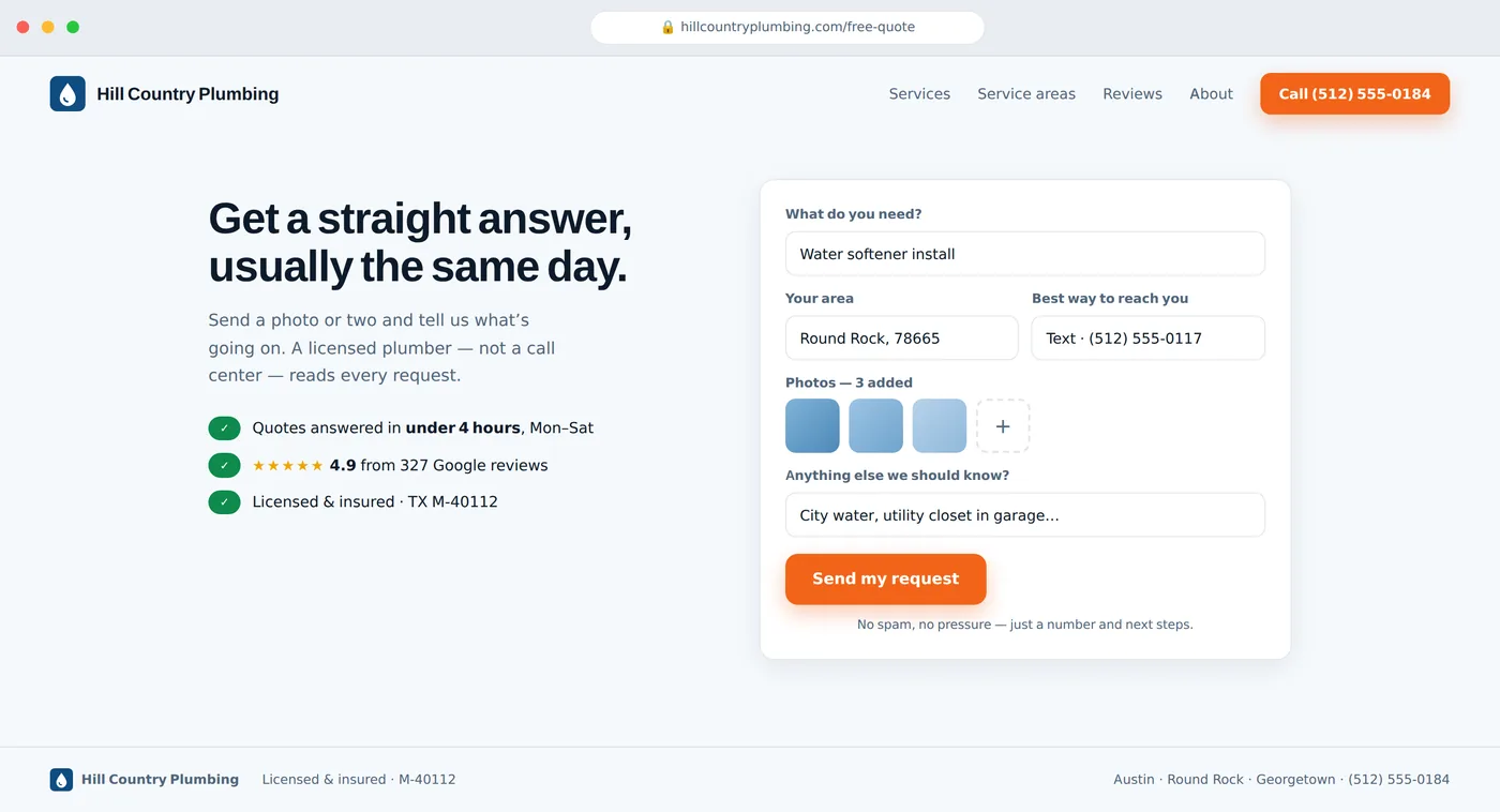 The quote form does the interview — photos, details, contact — and promises an answer today