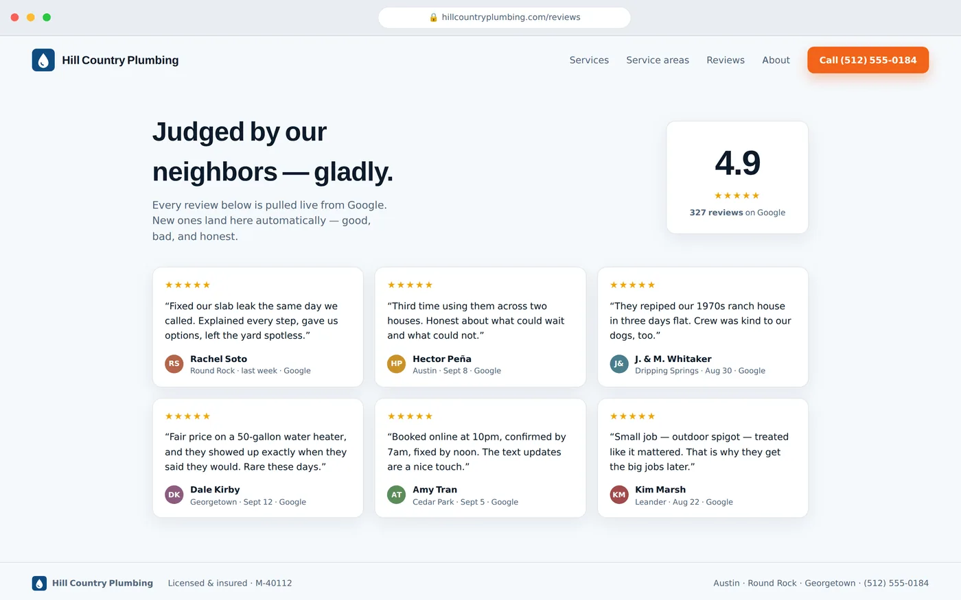 A reviews page that sells for you — live Google rating, real neighbors, real cities