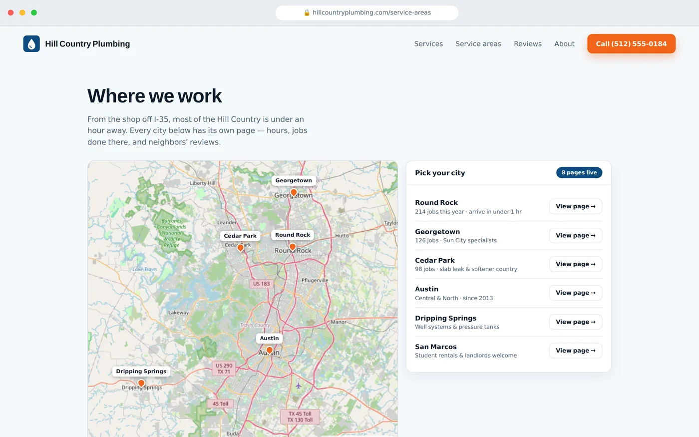 The service-area hub on the site — a real map of the Hill Country, and a page for every city on it