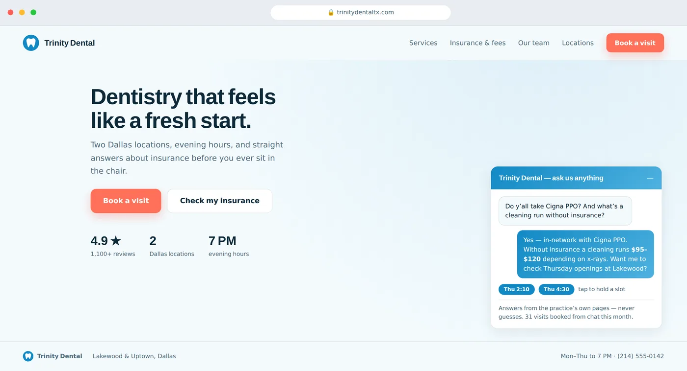 The practice website with its chat open: a real visitor question, a correct answer from your own pages, and a booked slot