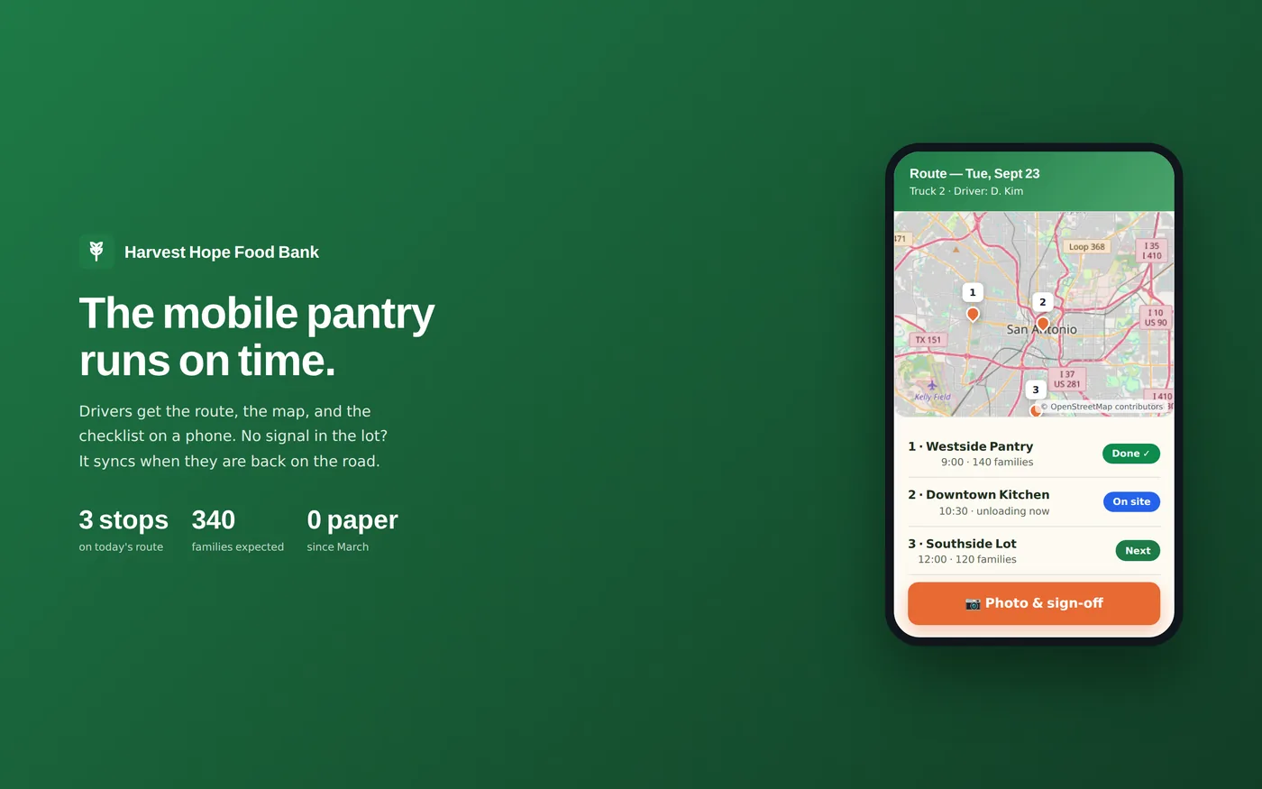 The mobile pantry runs on a phone — today's route on a live map, checked off stop by stop, even offline